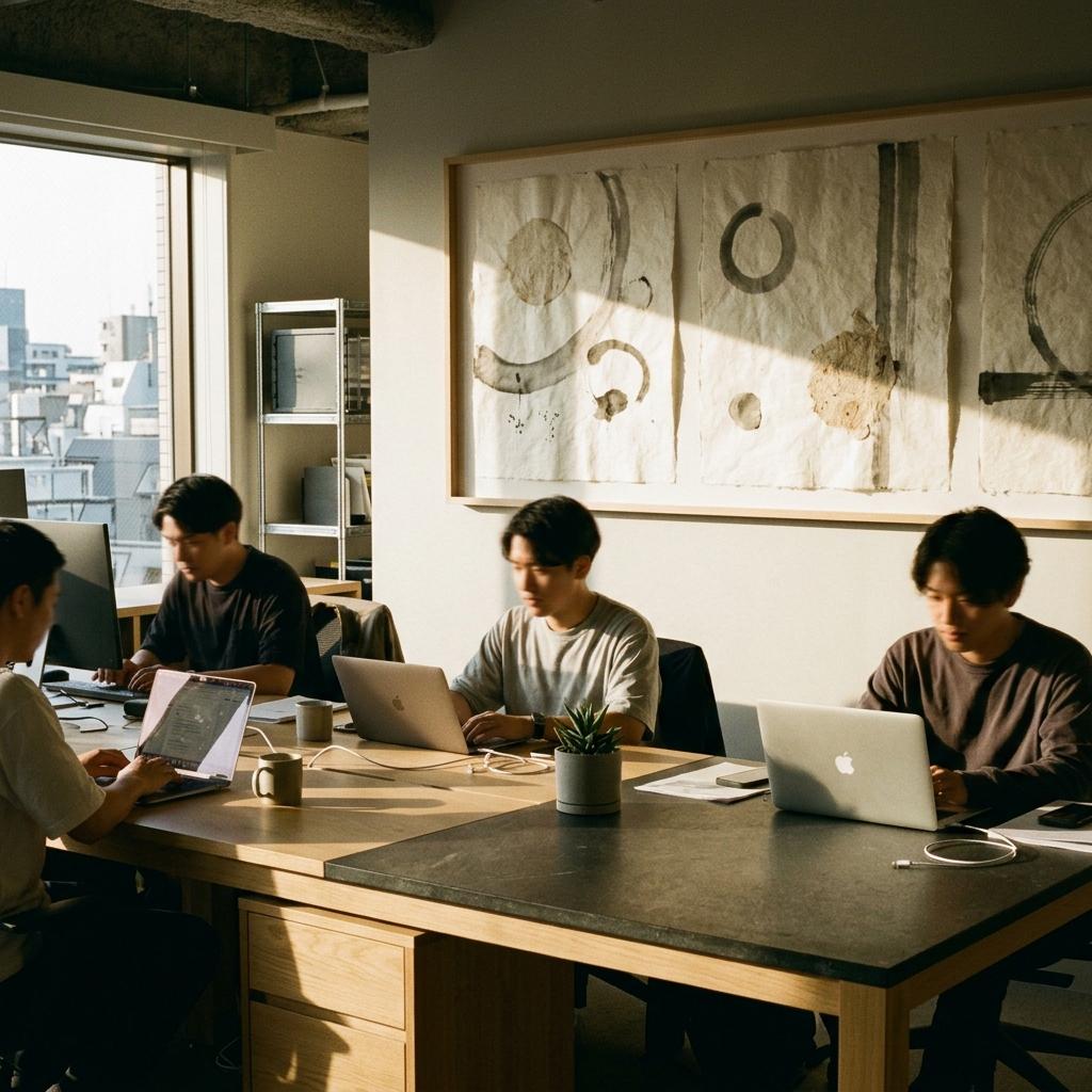 Inside A Modern Workspace Featuring Abstract Japandi Office Wall Art