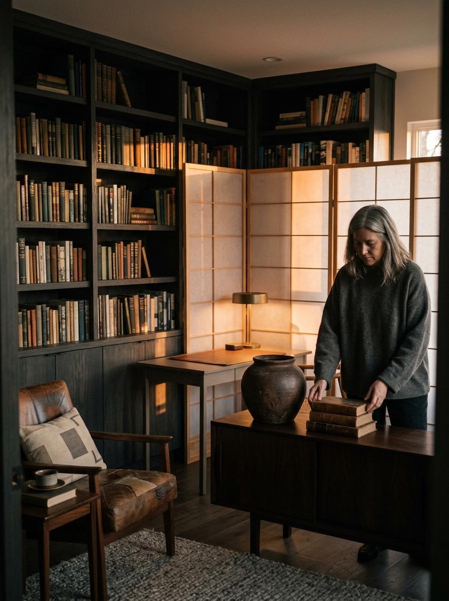 Inside A Moody Dark Academy Space With Japandi Influence