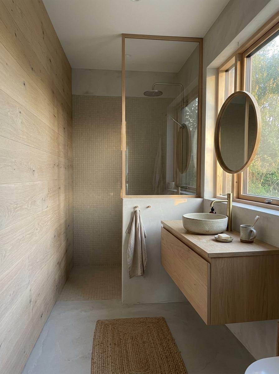 Inside A Peaceful Retreat Featuring Japandi Bathroom Wood Accents