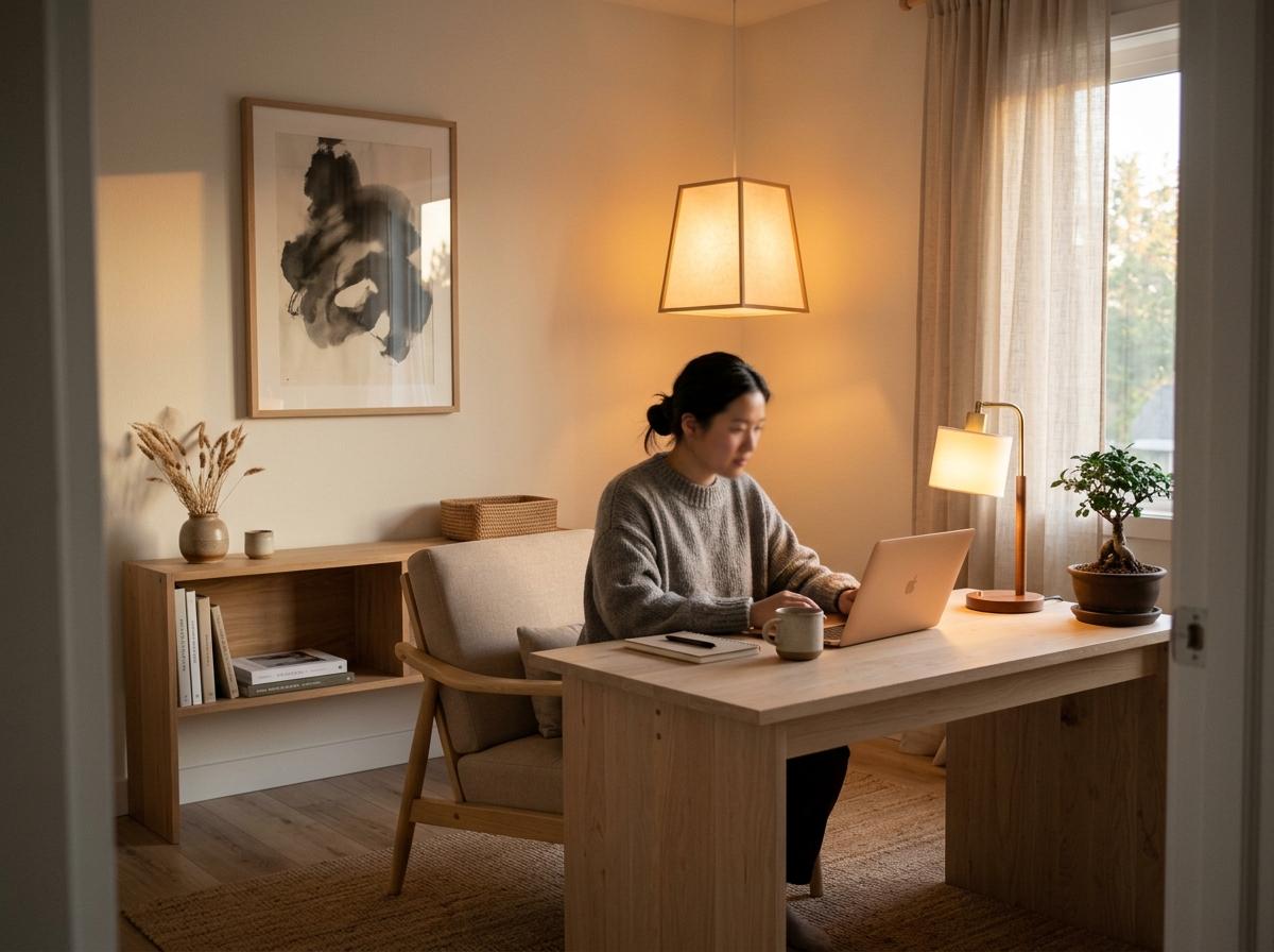Inside A Quiet Sanctuary With Japandi Office Lighting