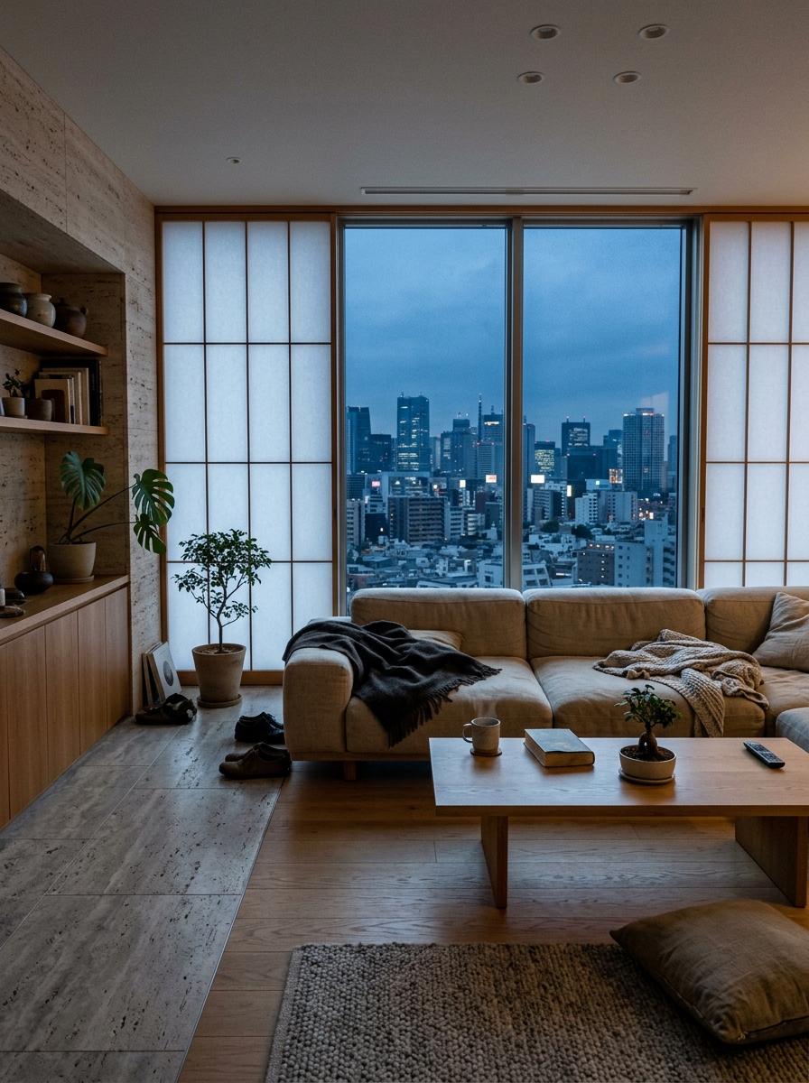 Inside A Radiant Apartment With A Warm Japandi Living Room