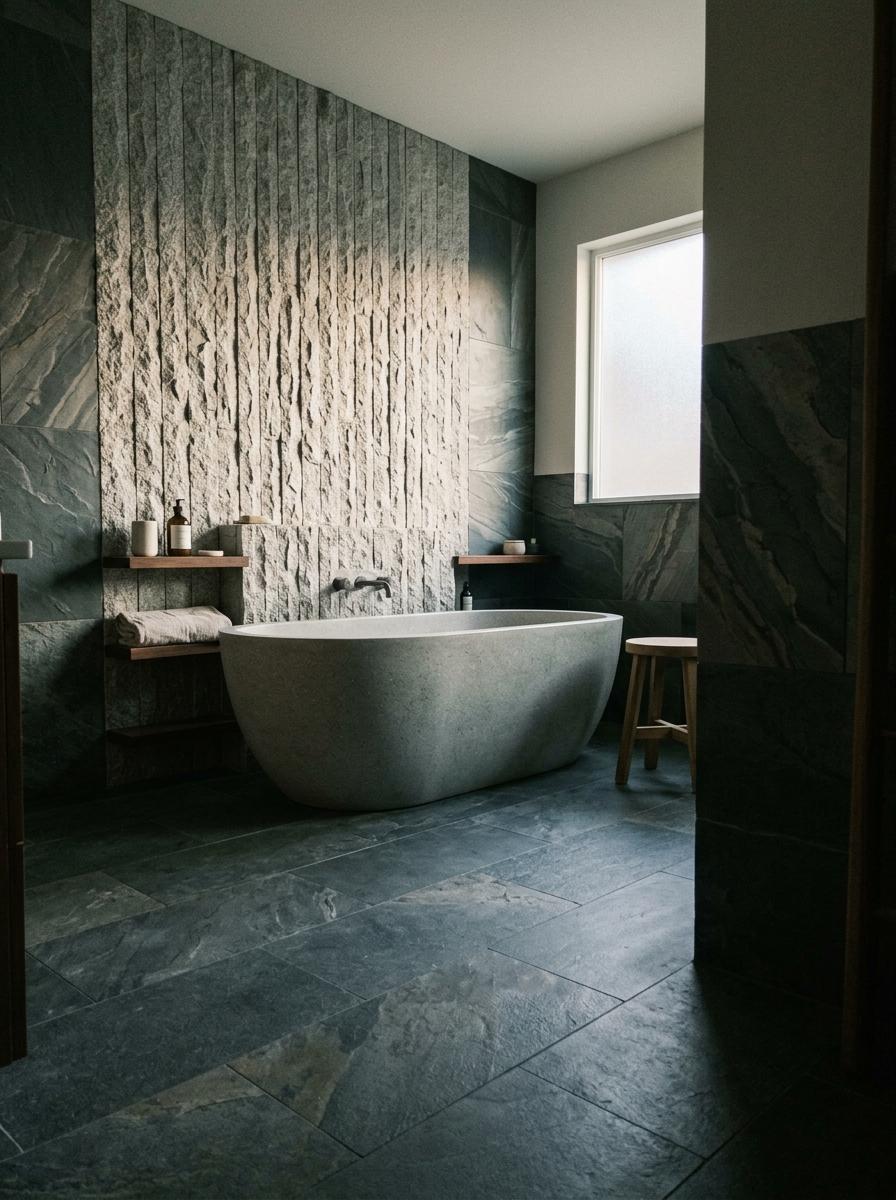 Inside A Tranquil Japandi Bathroom With Stone Textures
