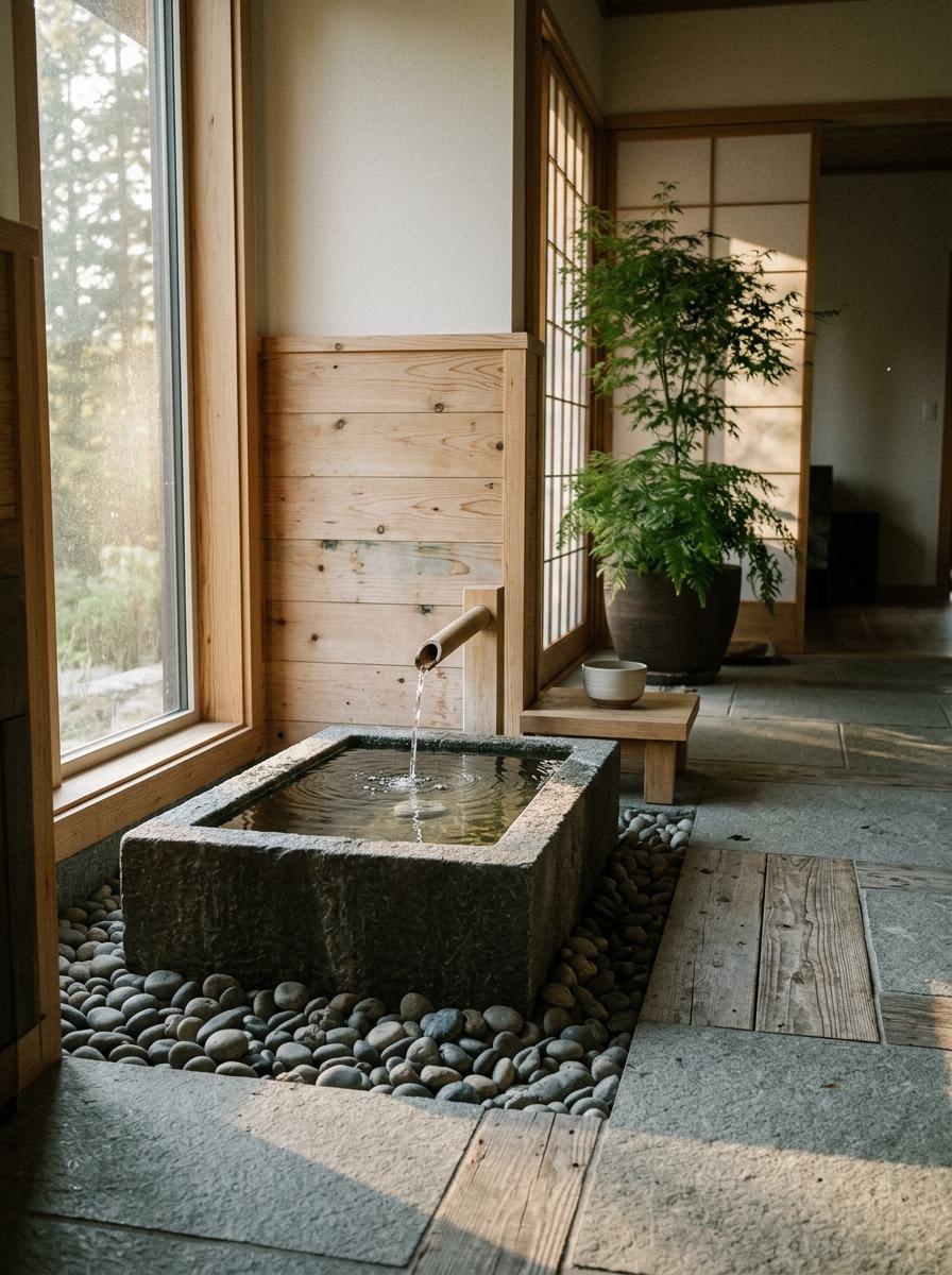 Inside A Tranquil Sanctuary With A Japandi Water Feature Focus