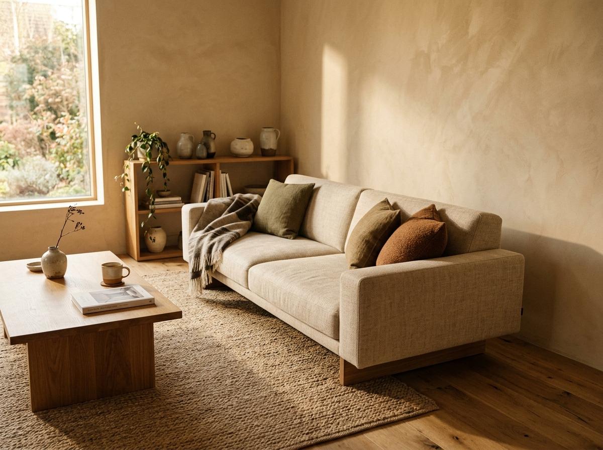 Inside A Warm And Inviting Earth Tone Japandi Living Room