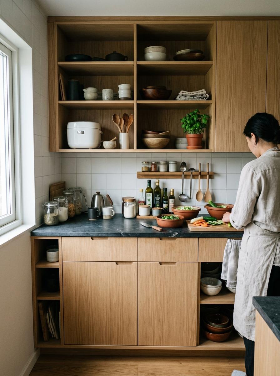 Inside An Efficient Kitchen Featuring Japandi Storage Solutions