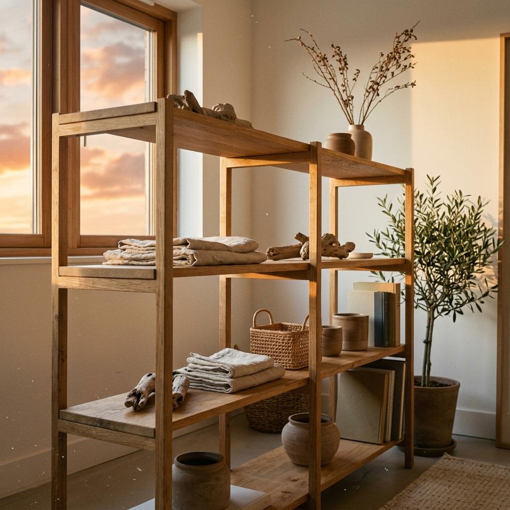 Integrate Natural Materials Using Japandi Living Room Shelving