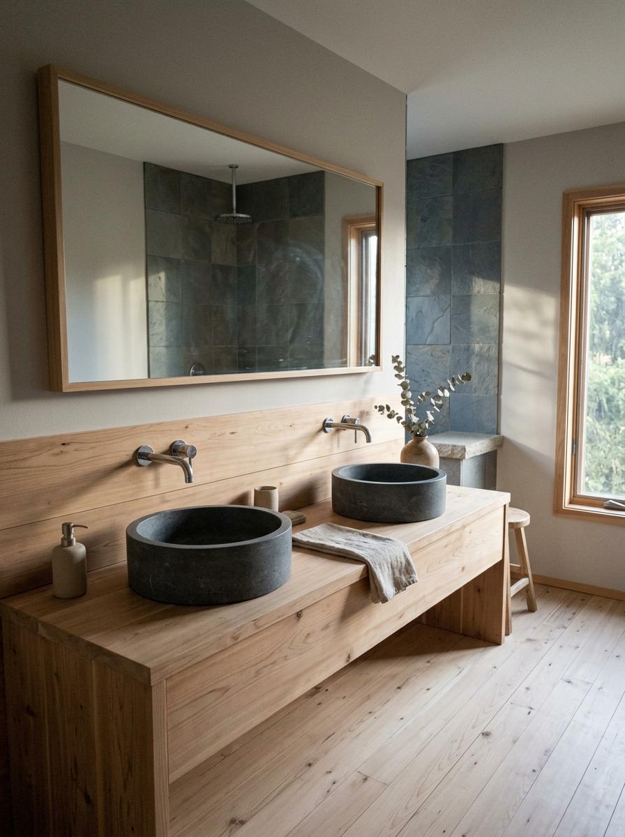 Integrate Stone And Wood Within Japandi Bathroom Decor