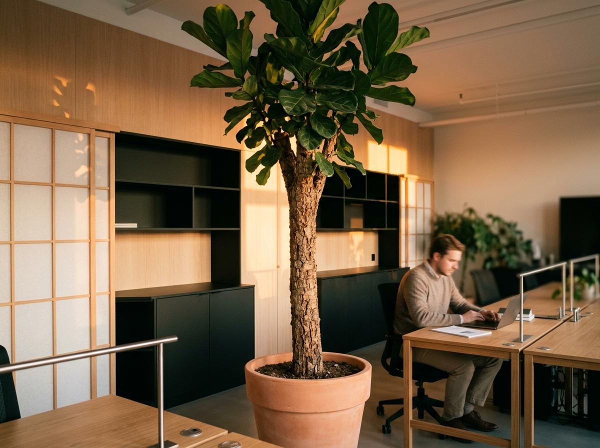 Large Statement Greenery Within A Modern Japandi Office