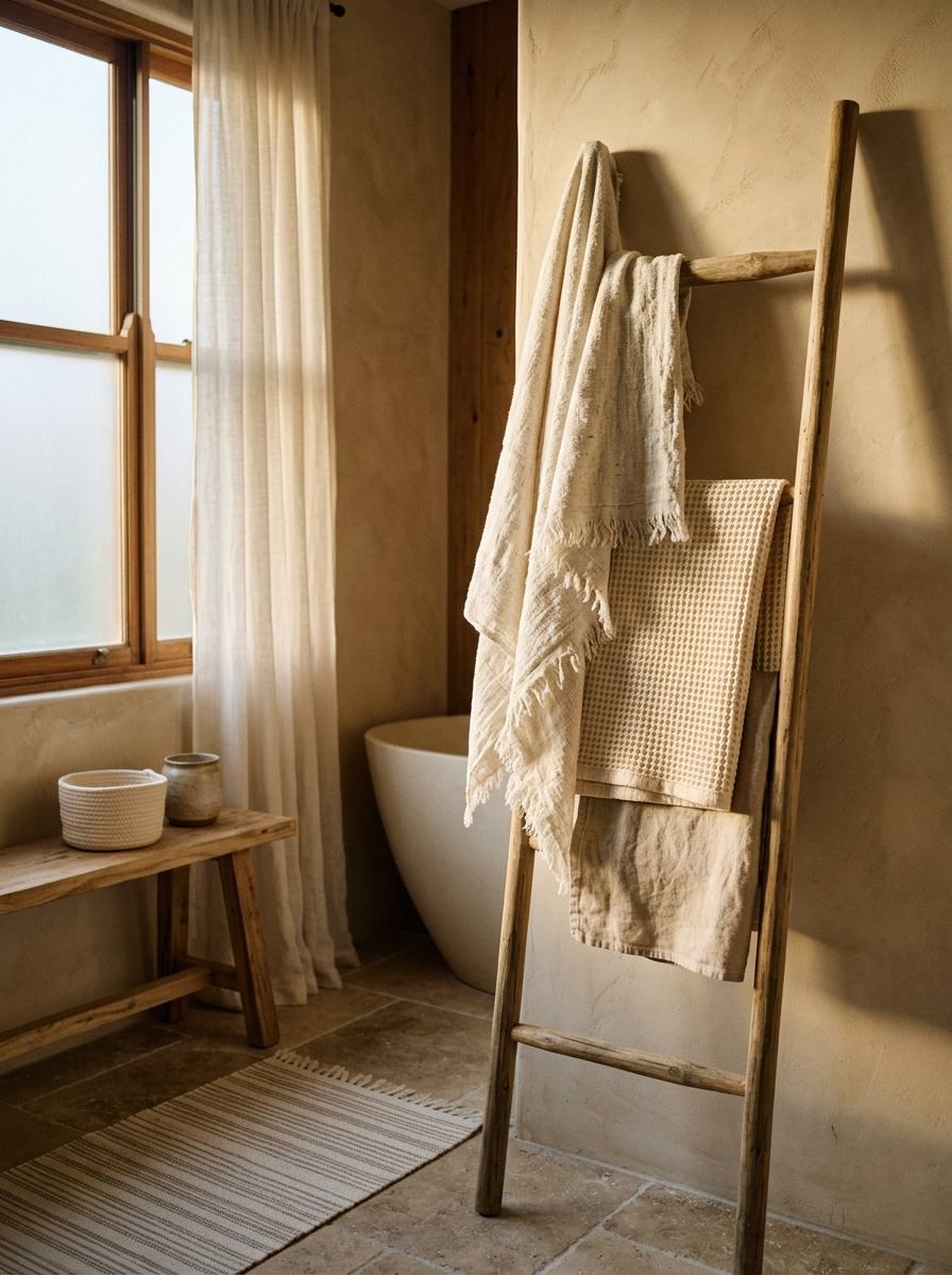 Linen And Cotton Textile Textures In Japandi Bathrooms