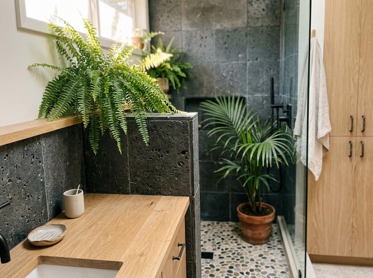 Lush Greenery In A Modern Japandi Bathroom Space