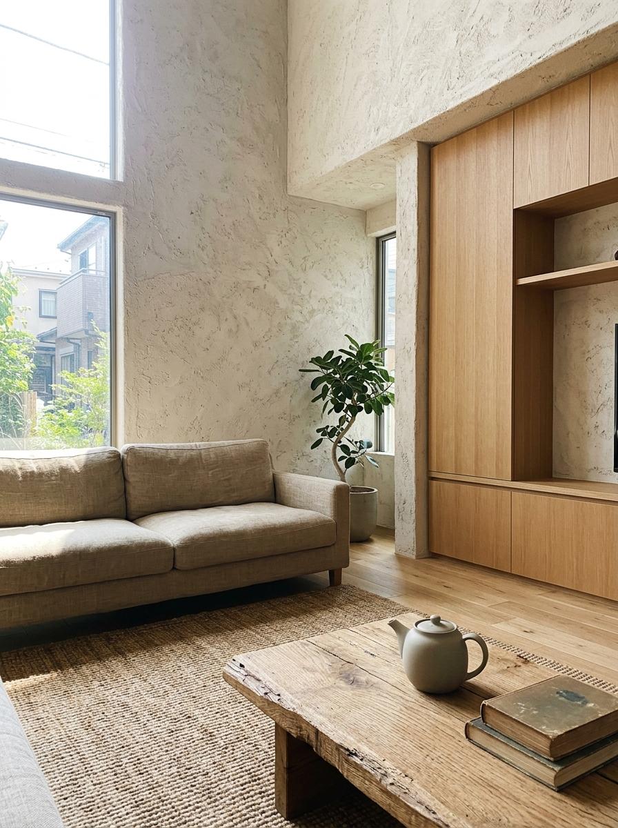 Matte Finishes And Rough Surfaces In Japandi Living Room Design