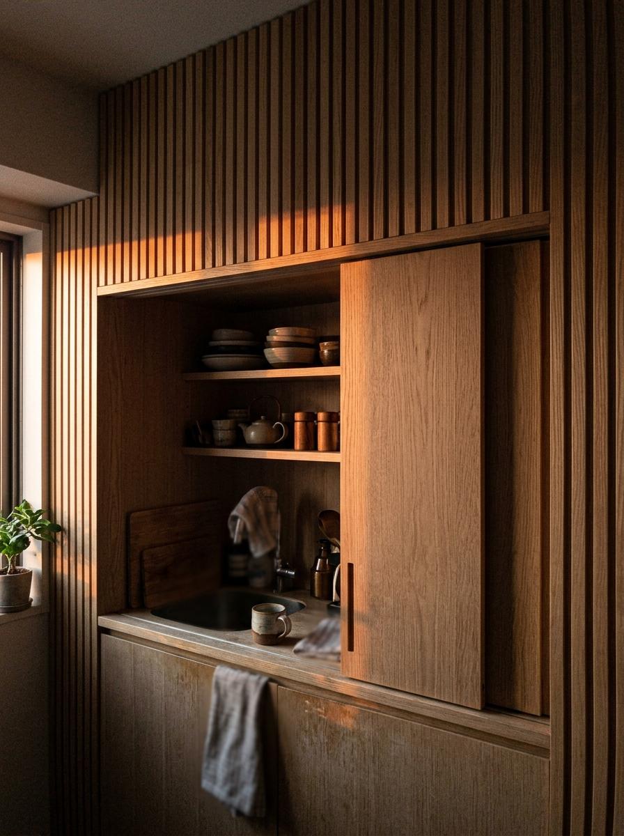 Maximize A Small Area With Hidden Japandi Kitchen Shelving