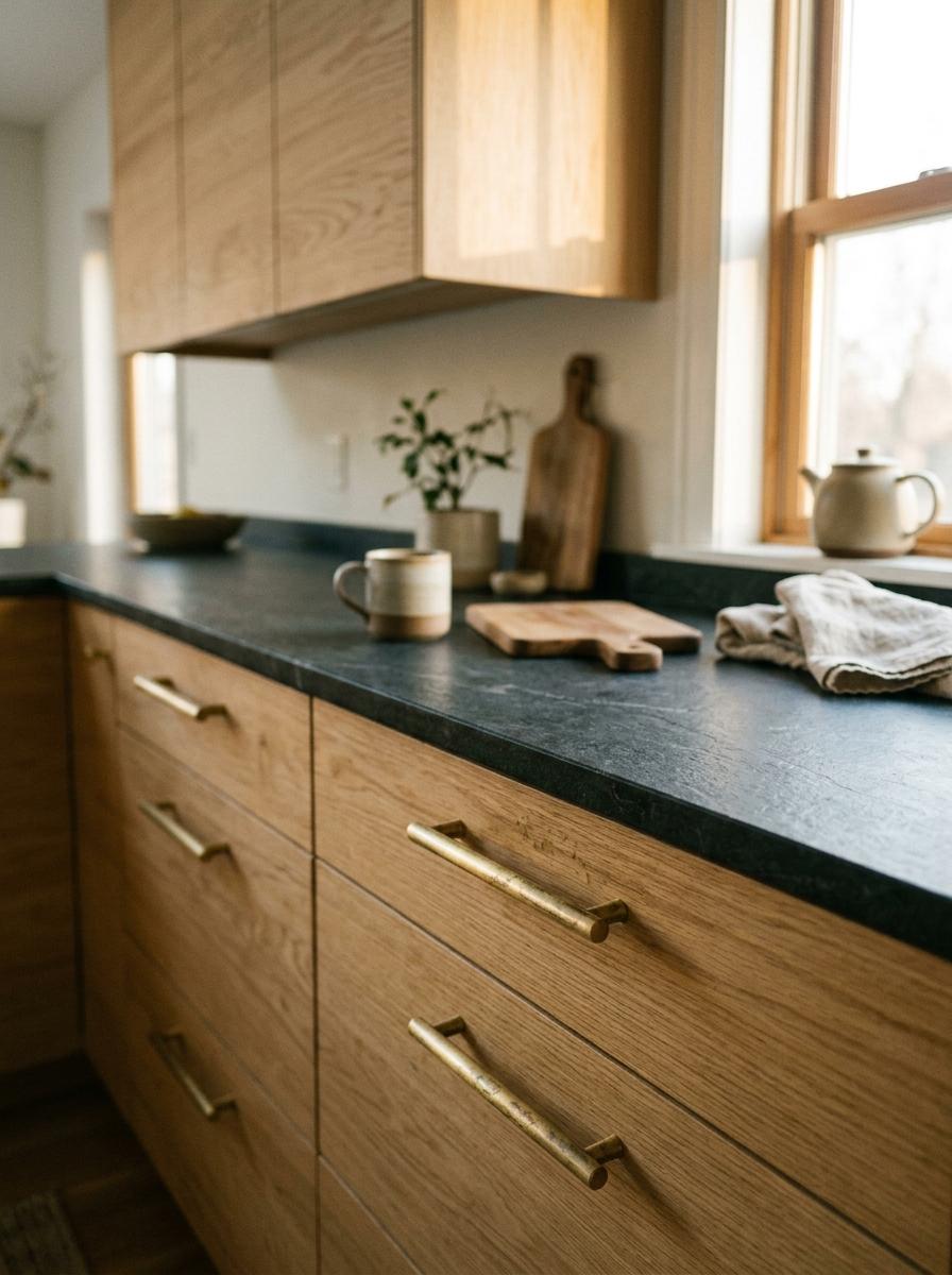 Minimalist Brass Accents For Japandi Kitchen Cabinets