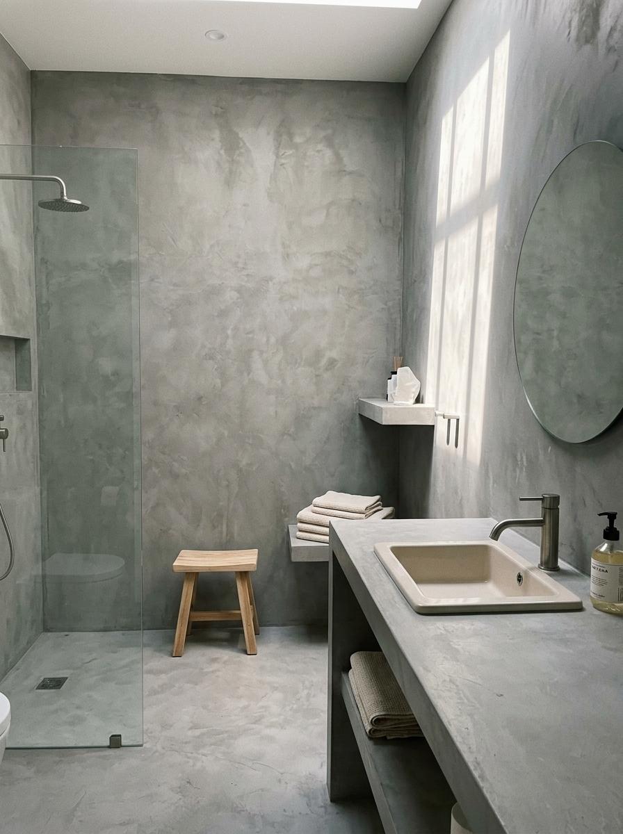 Minimalist Concrete Finishes In A Modern Japandi Bathroom