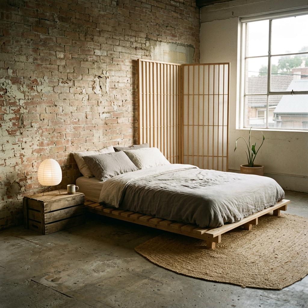 Minimalist Industrial Bedroom Boasting Japandi Design