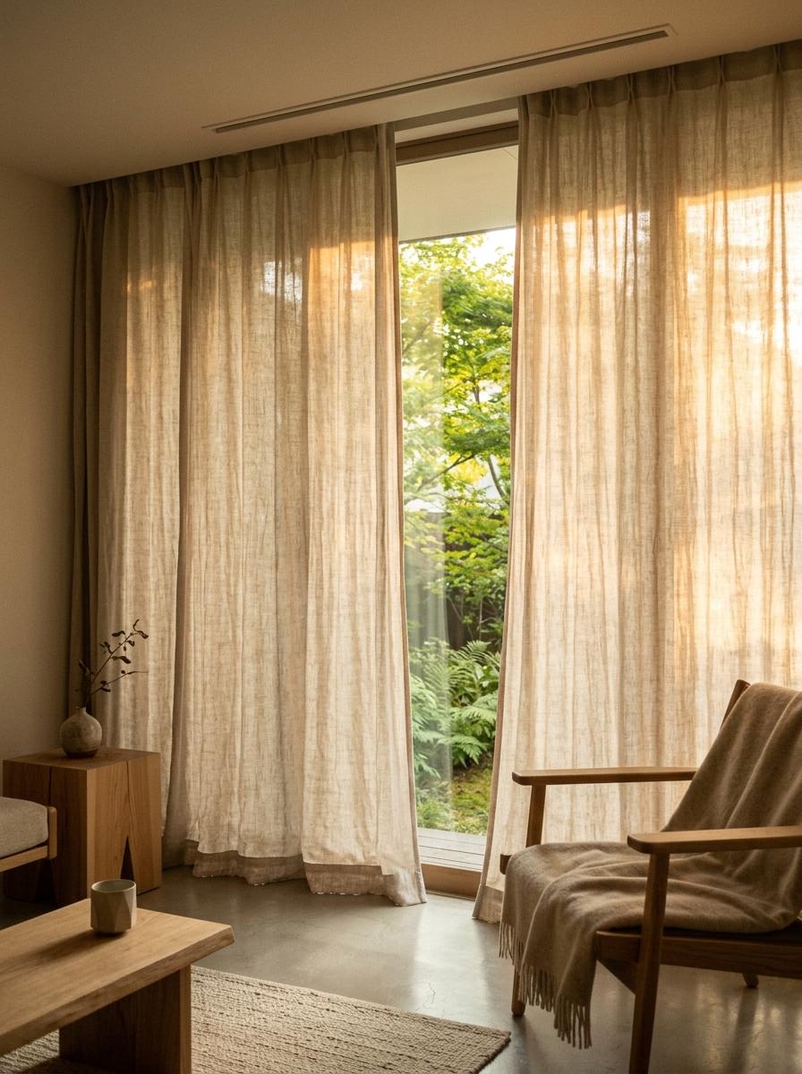 Minimalist Window Treatments Using Japandi Living Room Curtains