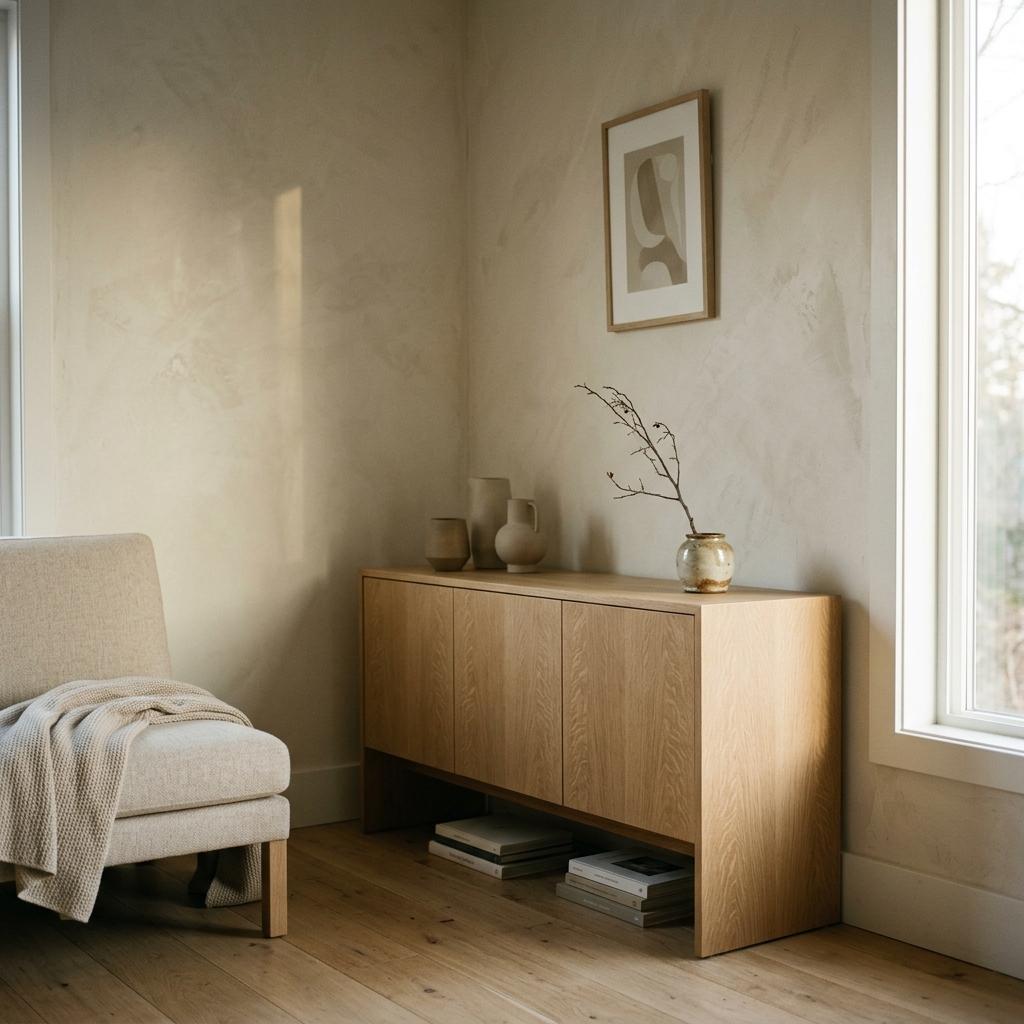Minimalist Wood Elements In A Neutral Japandi Living Room