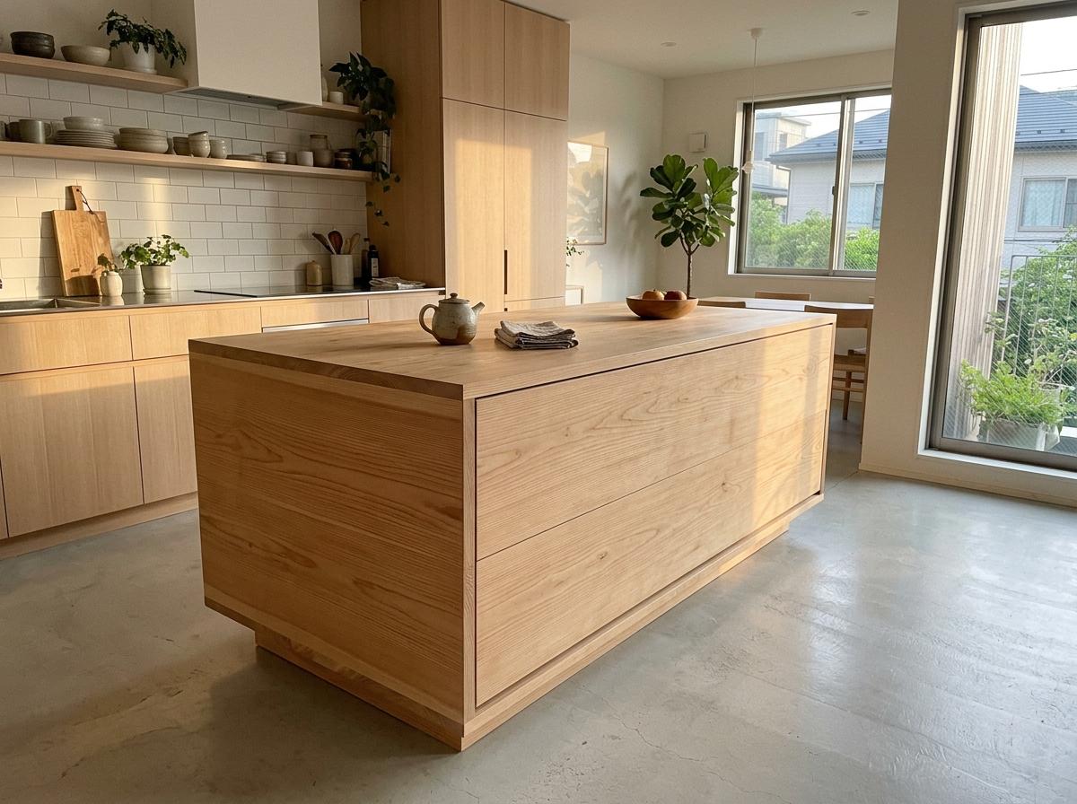 Minimalist Wood Japandi Kitchen Island In A Light Filled Room