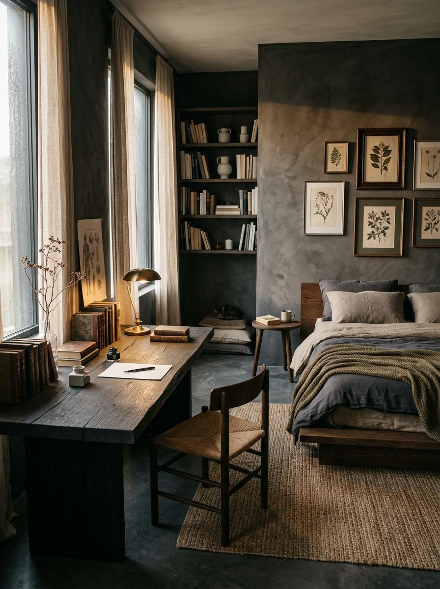 Modern Dark Academy Bedroom With Japandi Interior Design