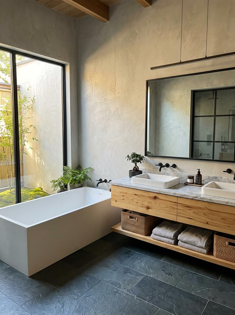 Modern Geometry Defines This Stunning Japandi Master Bathroom
