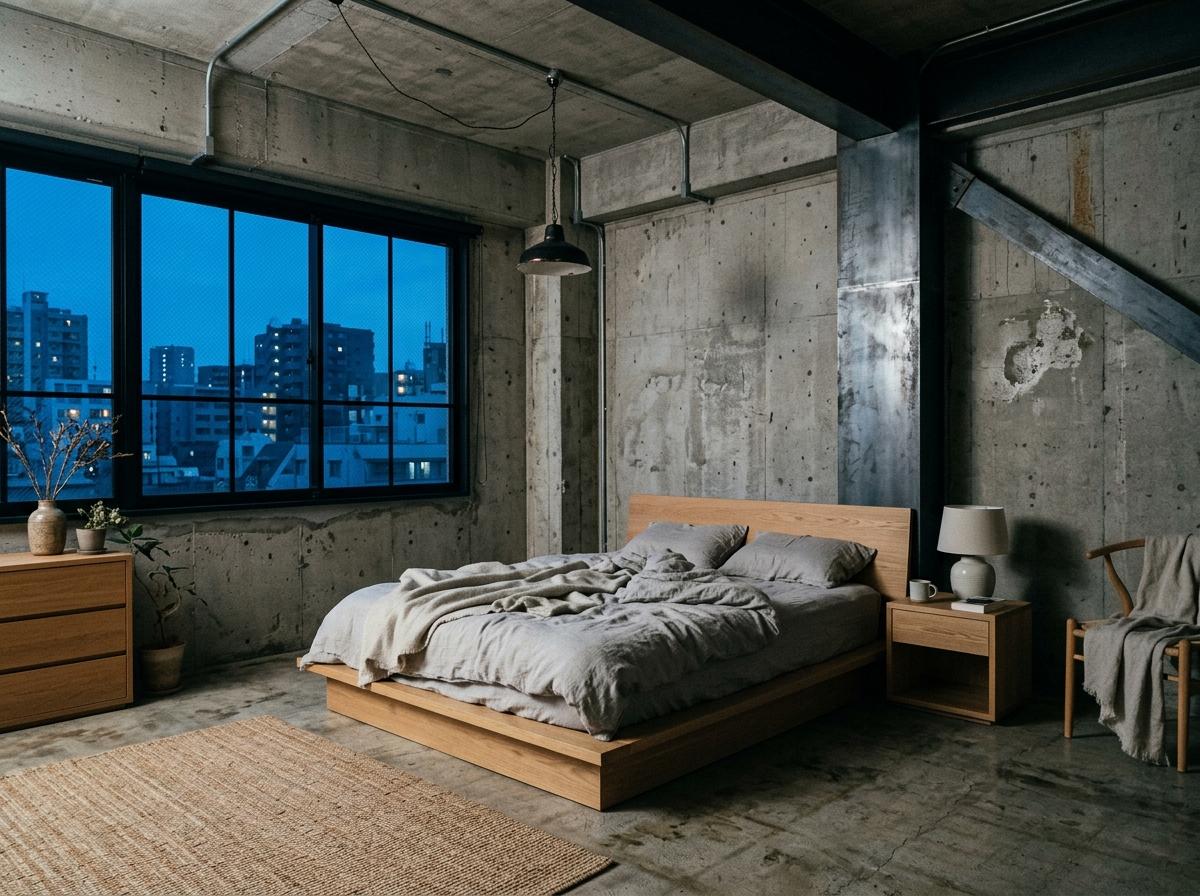 Modern Industrial Bedroom With Japandi Style Nuances