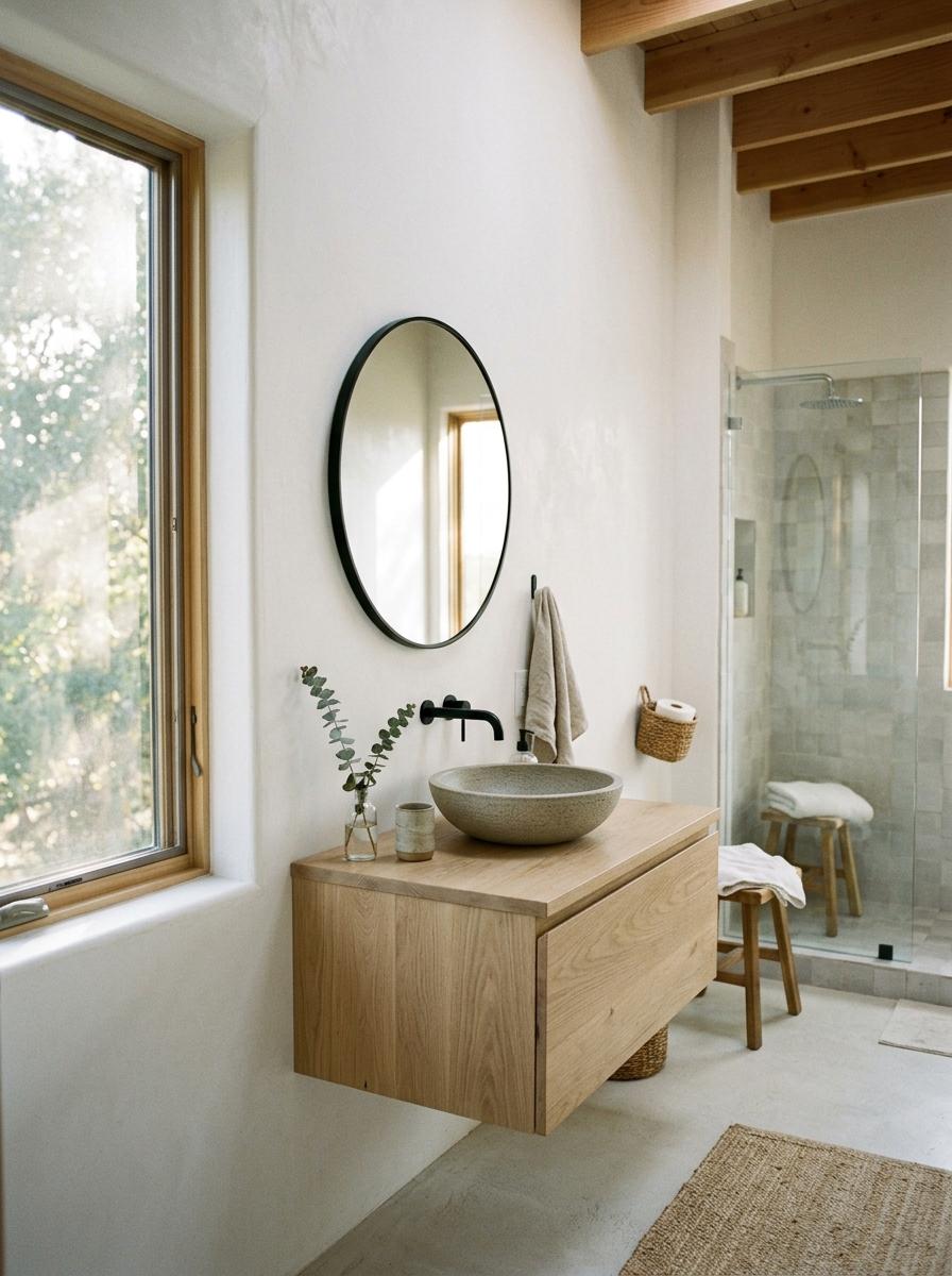 Modern Japandi Bathroom Design With Natural Wood Accents