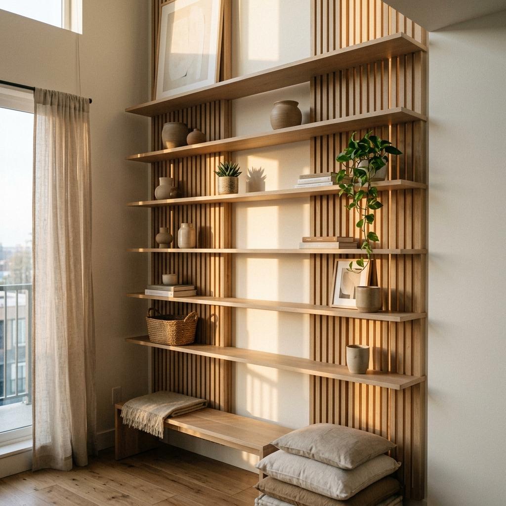 Modern Japandi Living Room Shelving Ideas For Small Spaces