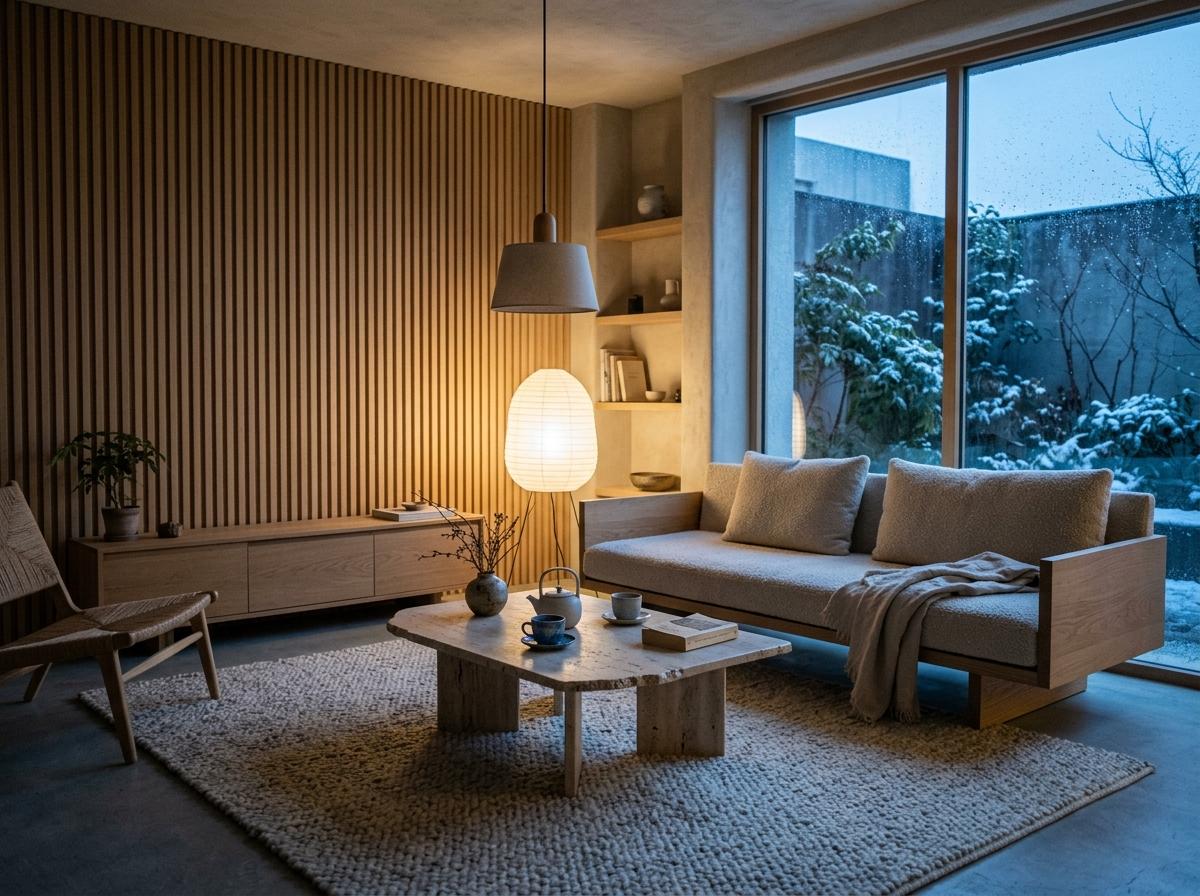 Modern Textures Define This Refined Cozy Japandi Living Room
