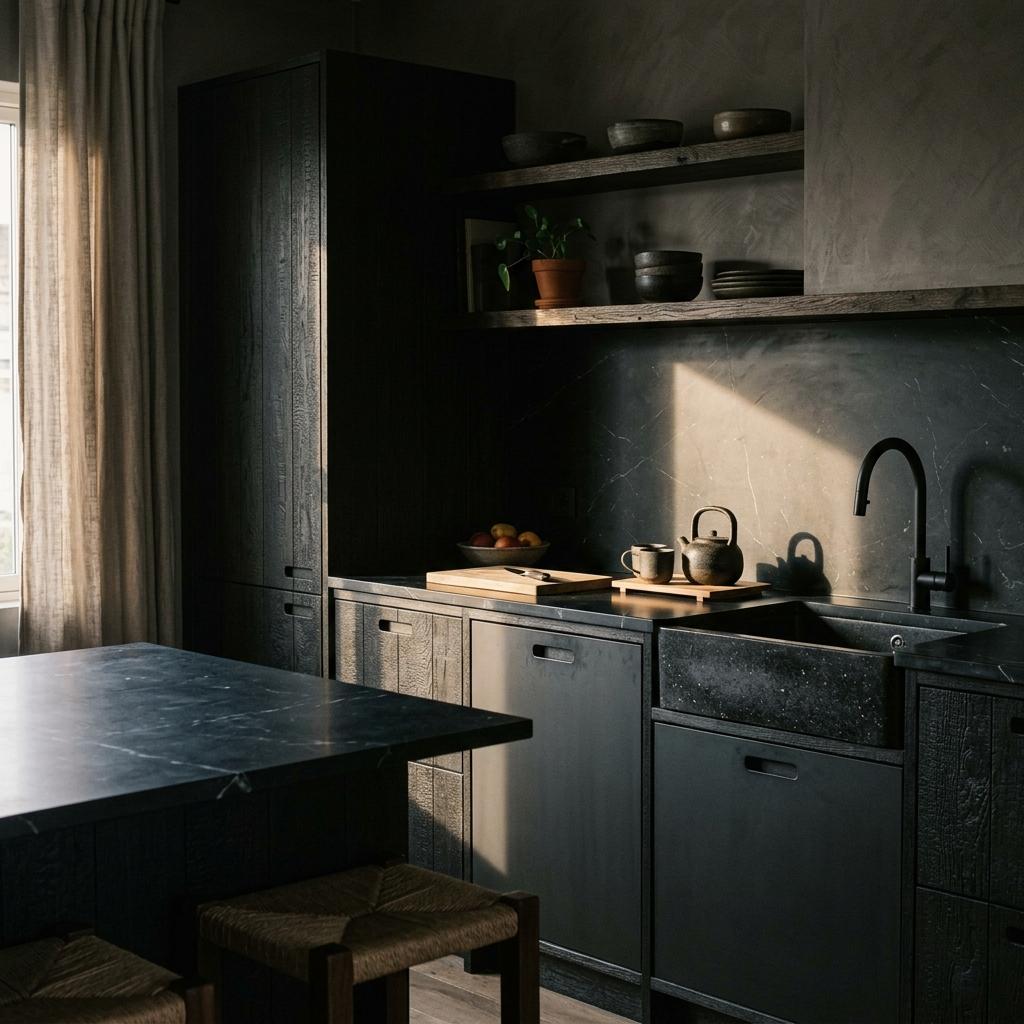 Moody Aesthetics Within The Modern Dark Japandi Kitchen