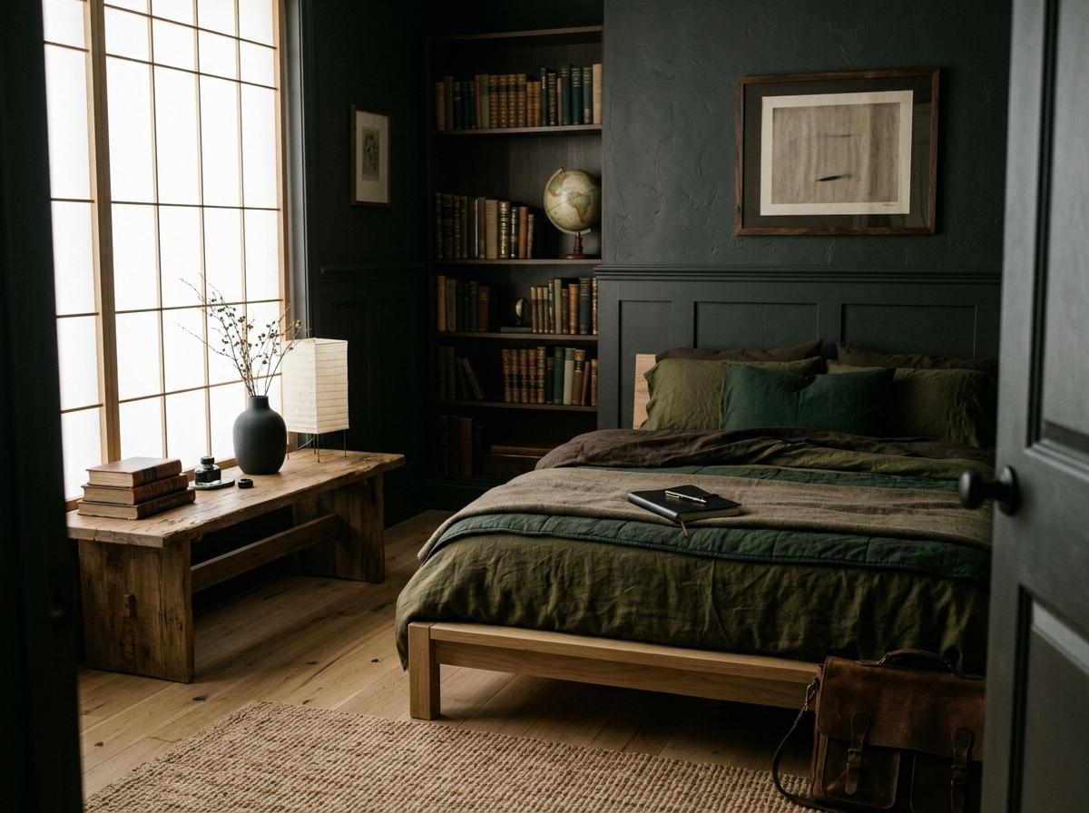 Moody Japandi Design Inside A Dark Academy Bedroom