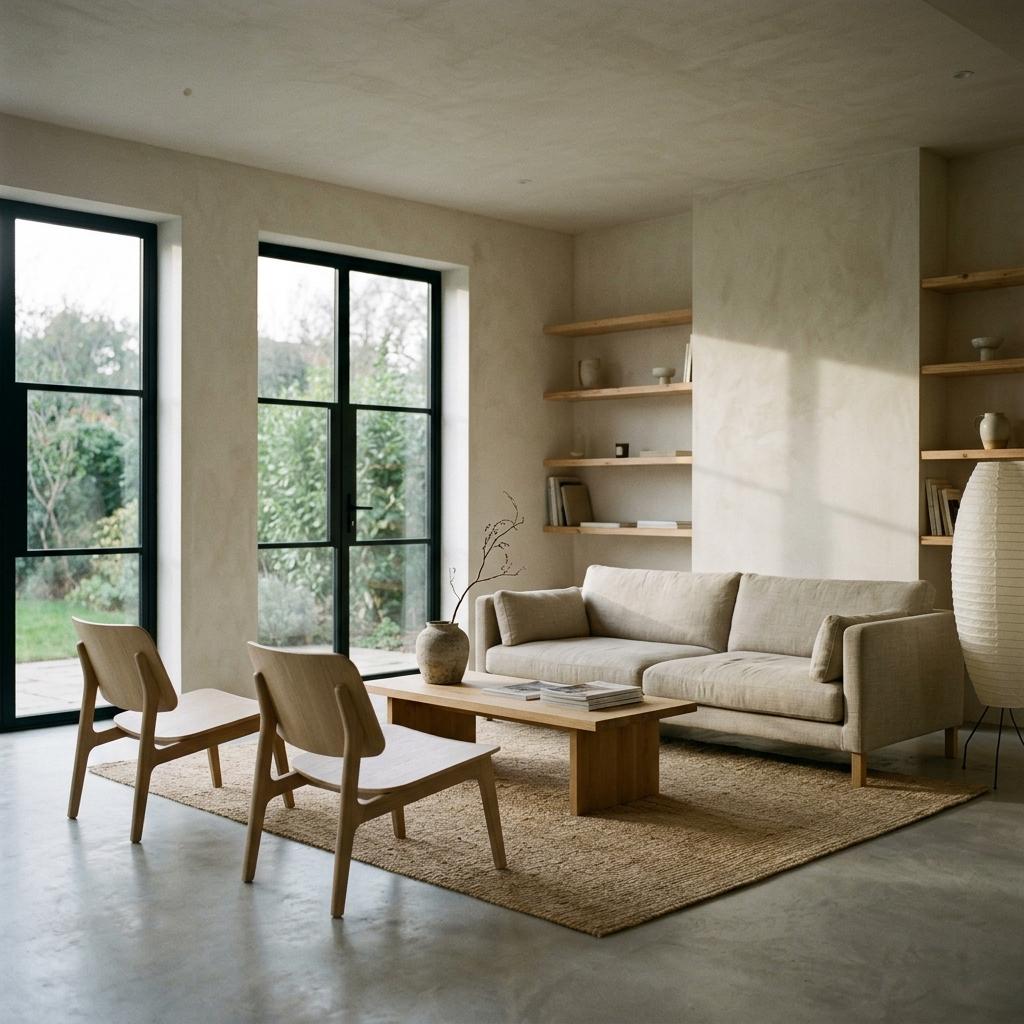 Muted Colors Take Center Stage In This Japandi Living Room Layout