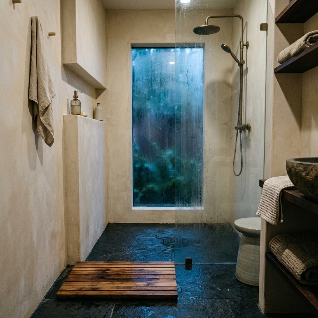Natural Elements Meet Function In A Japandi Bathroom Shower