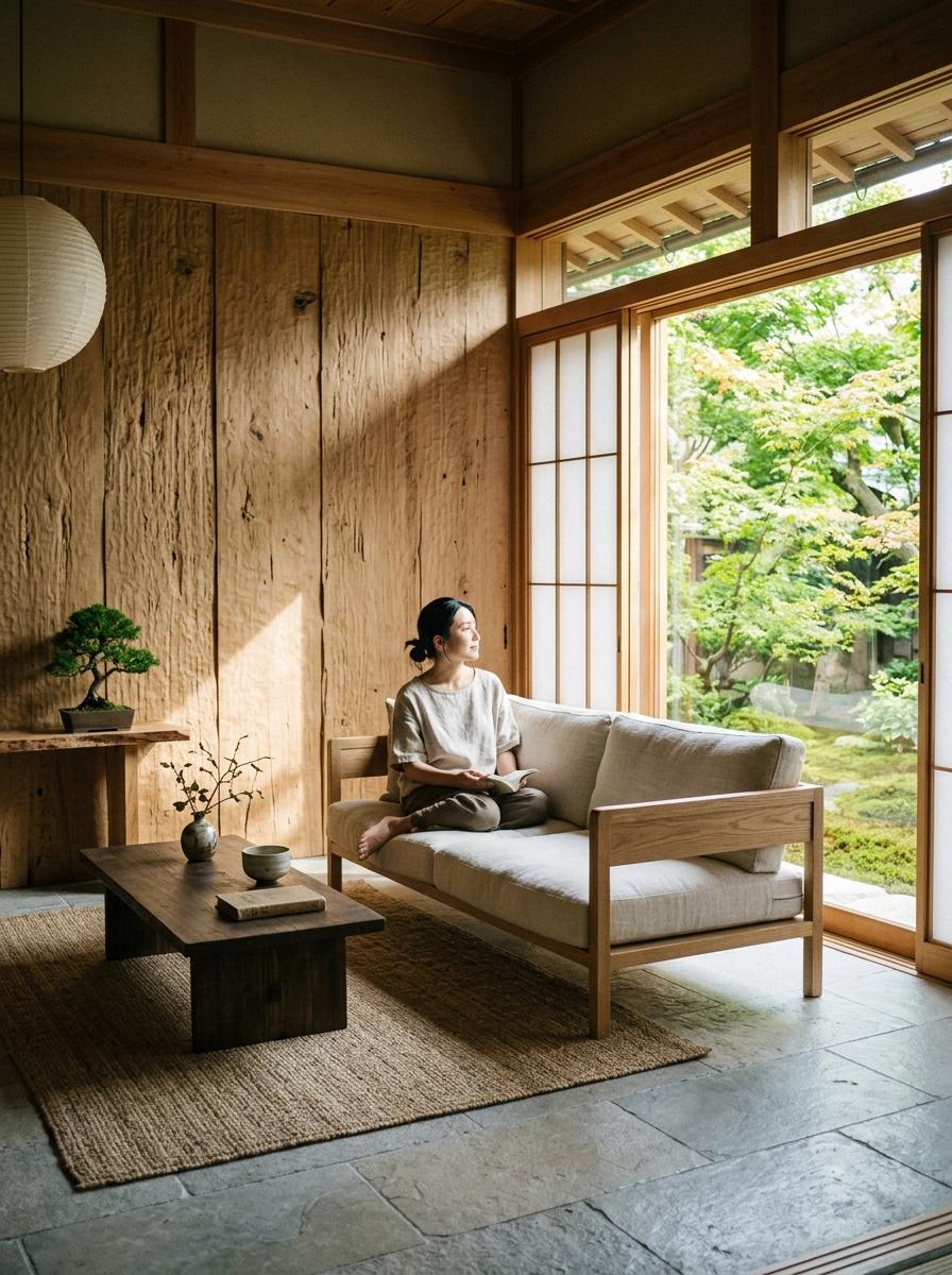 Natural Light Enhancing An Organic Japandi Living Room Design