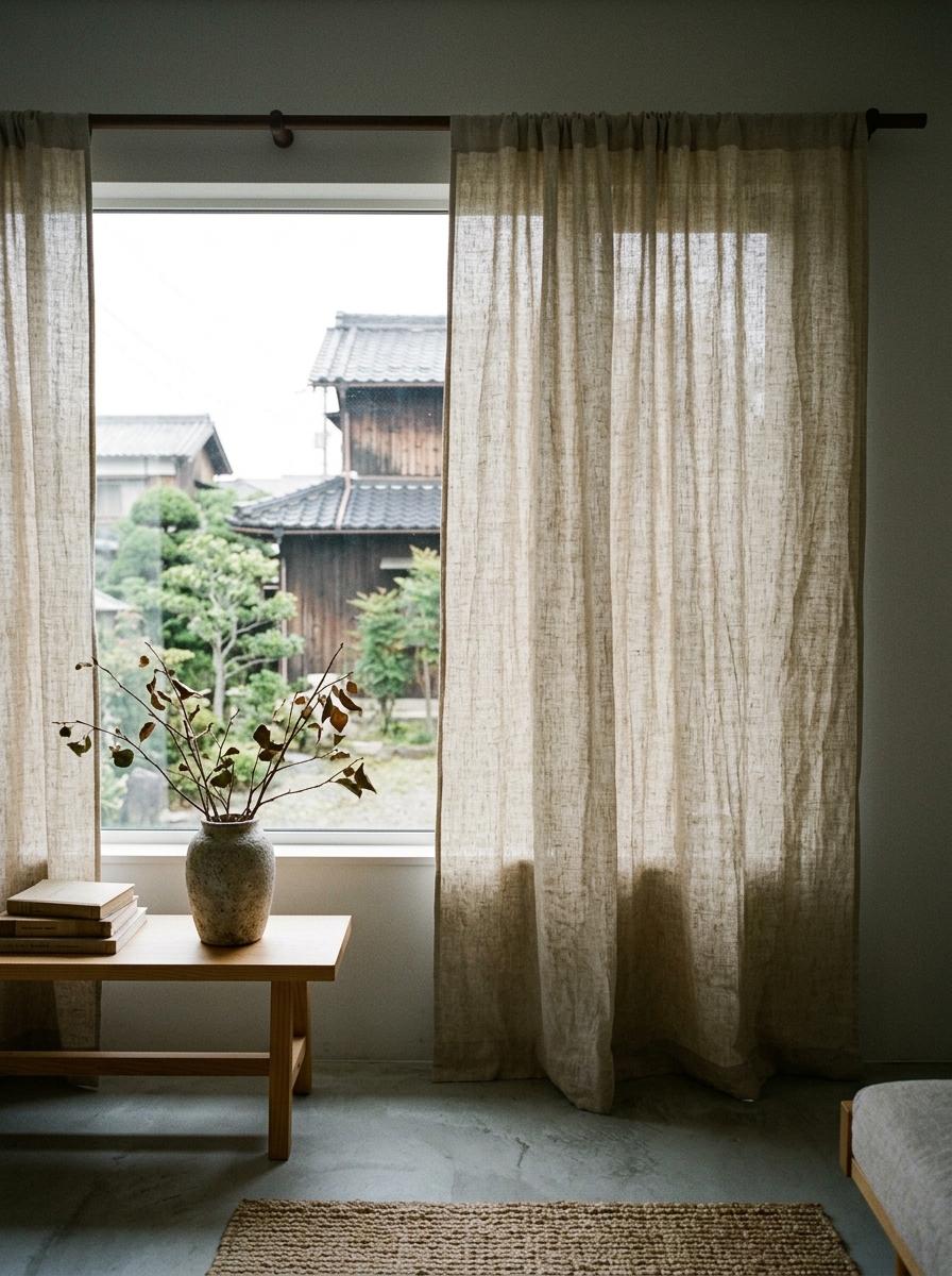 Natural Linen Fabrics For Japandi Living Room Curtains