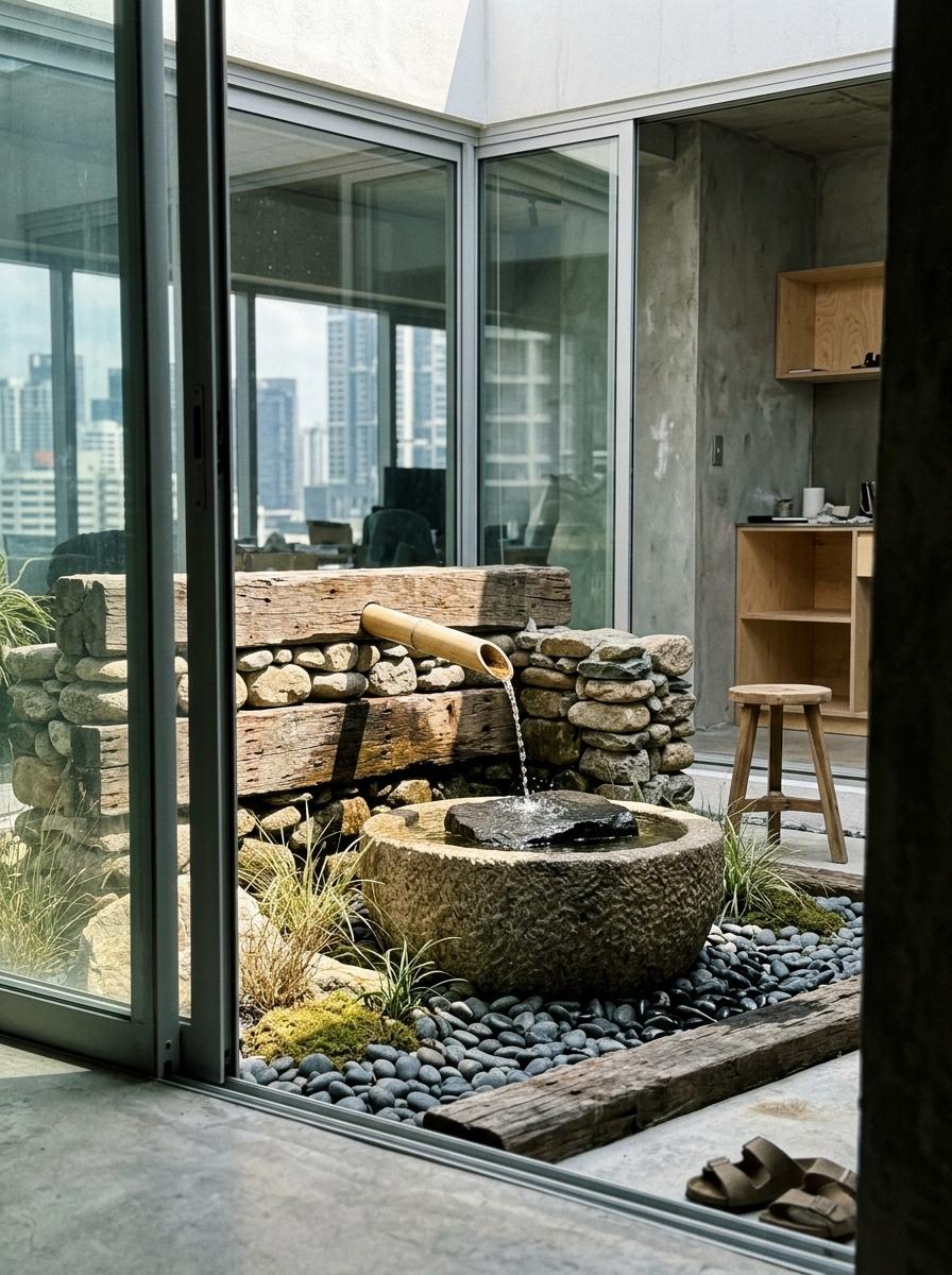 Natural Materials Define This Modern Japandi Water Feature Installation