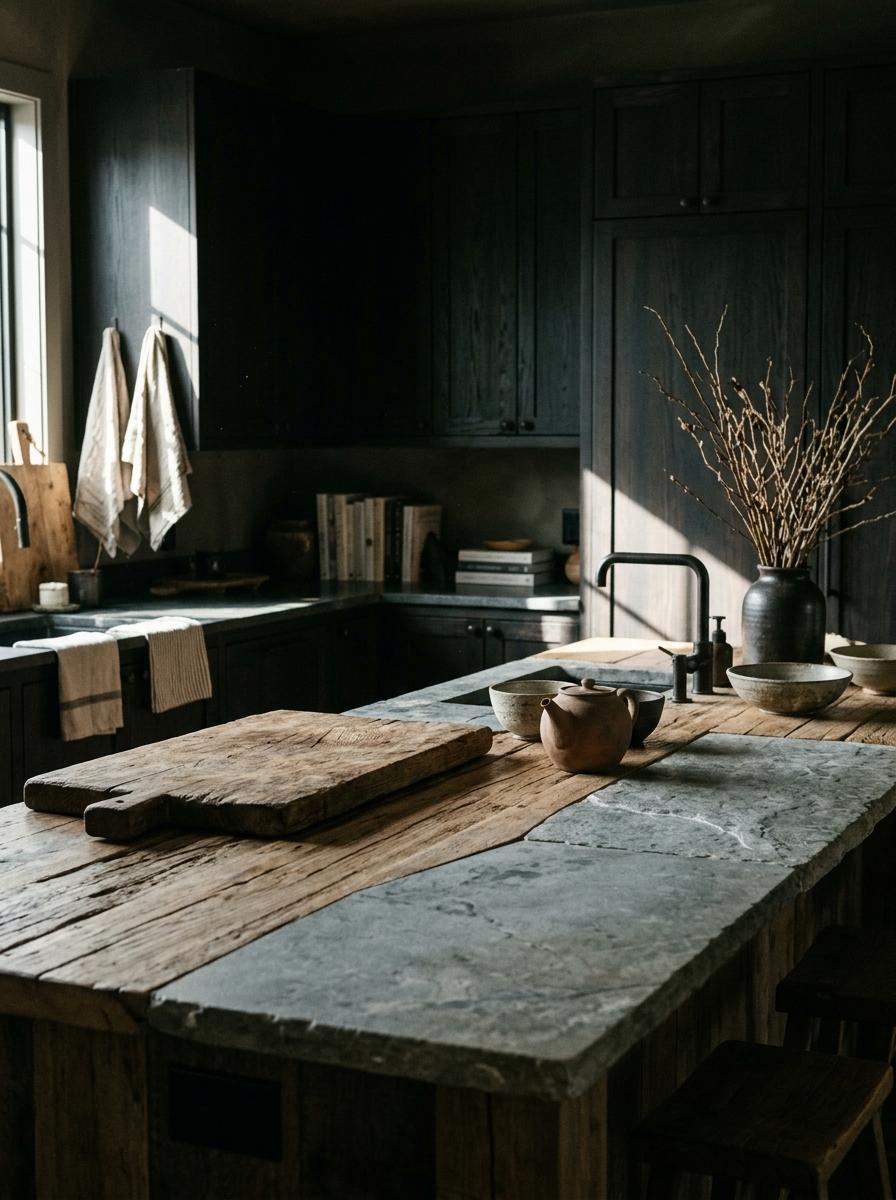 Natural Materials Elevate This Dark Japandi Kitchen Layout