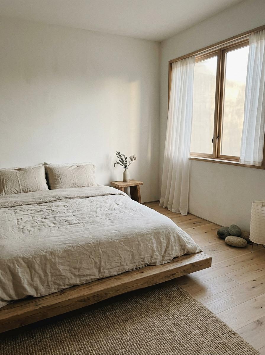 Natural Materials In A Minimalist Japandi Bedroom