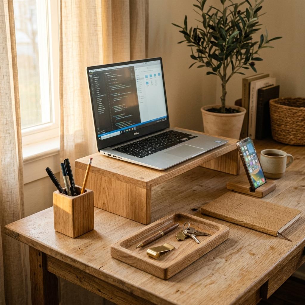 Natural Oak Elements In Japandi Office Accessories