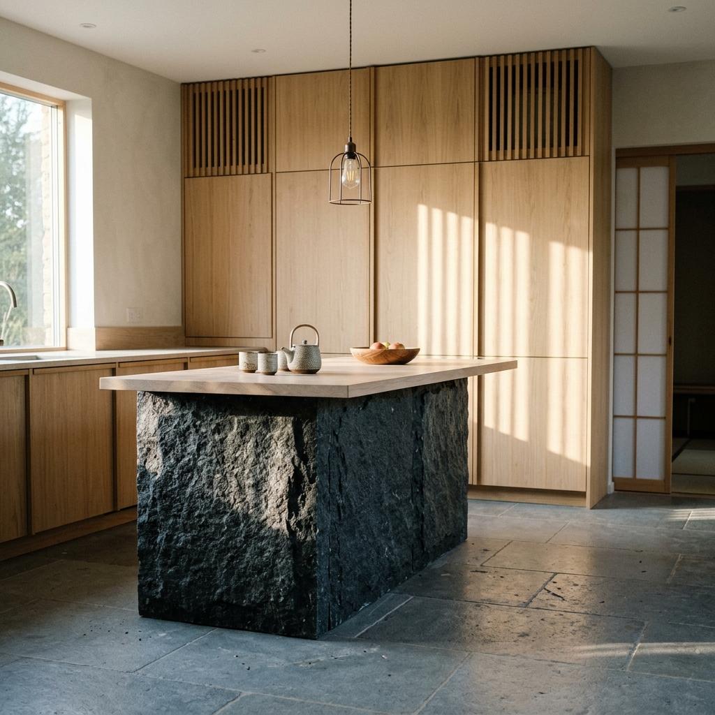 Natural Stone And Wood In A Luxury Japandi Kitchen