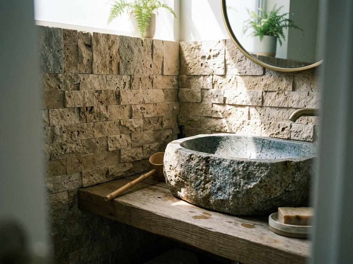 Natural Stone Texture In Japandi Bathroom Design