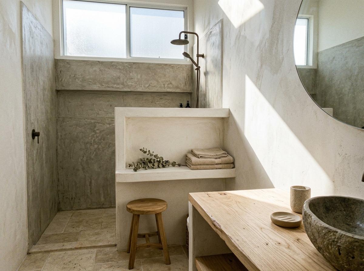 Natural Textures Define This Stunning Japandi Bathroom Lighting
