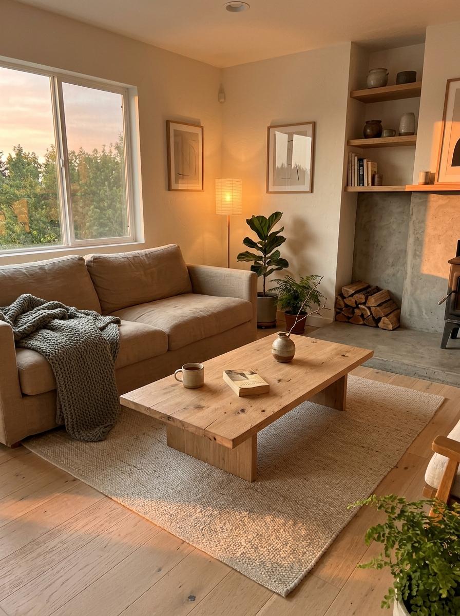 Natural Wood Accents Enhance This Peaceful Cozy Japandi Living Room