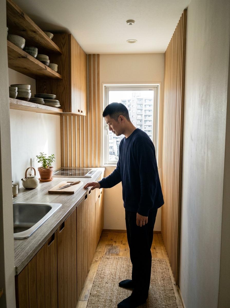 Natural Wood Accents In Small Japandi Kitchen Layout
