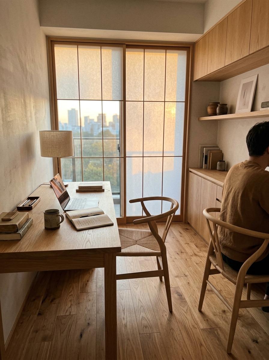 Natural Wood And Soft Light Define This Japandi Home Office