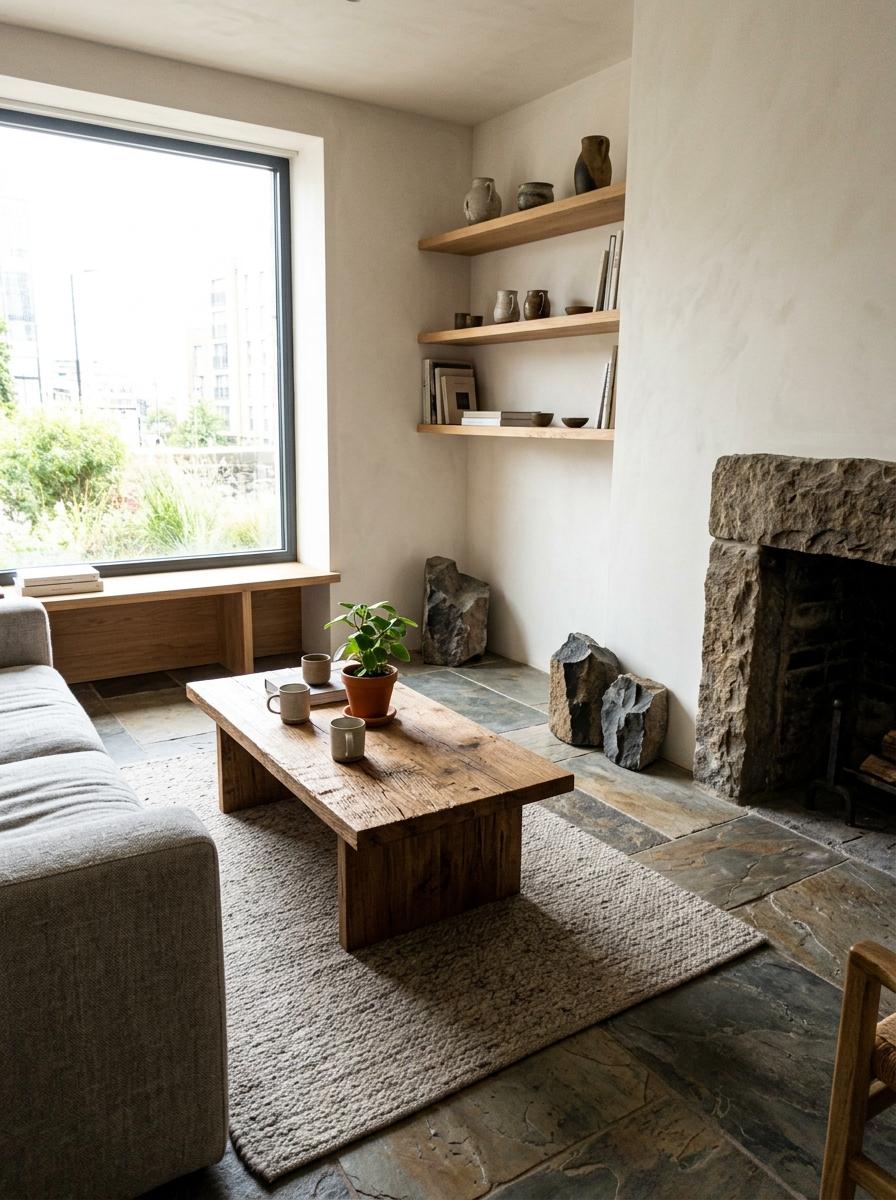 Natural Wood And Stone In This Japandi Living Room Design