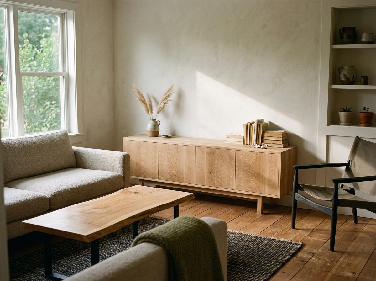 Natural Wood Elements Inside An Earth Tone Japandi Living Room