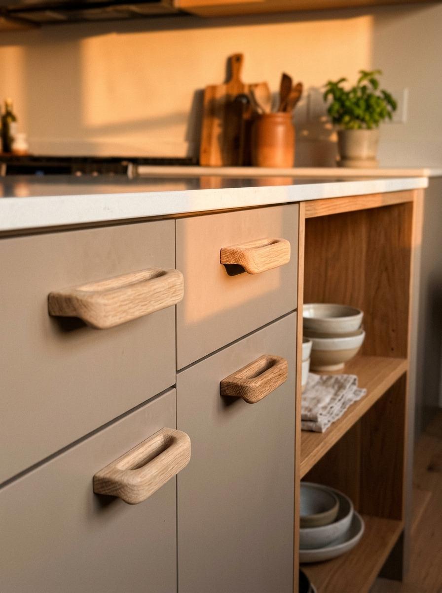 Natural Wood Pulls For A Warm Japandi Kitchen Aesthetic