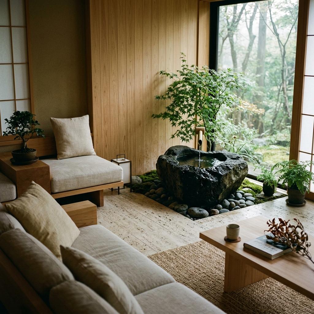 Nature Inside: A Modern Living Room With Japandi Water Feature