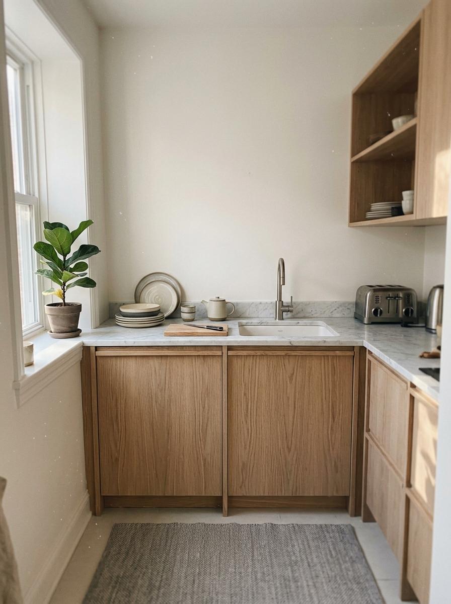 Neutral Palette Schemes For Small Japandi Kitchen Layout