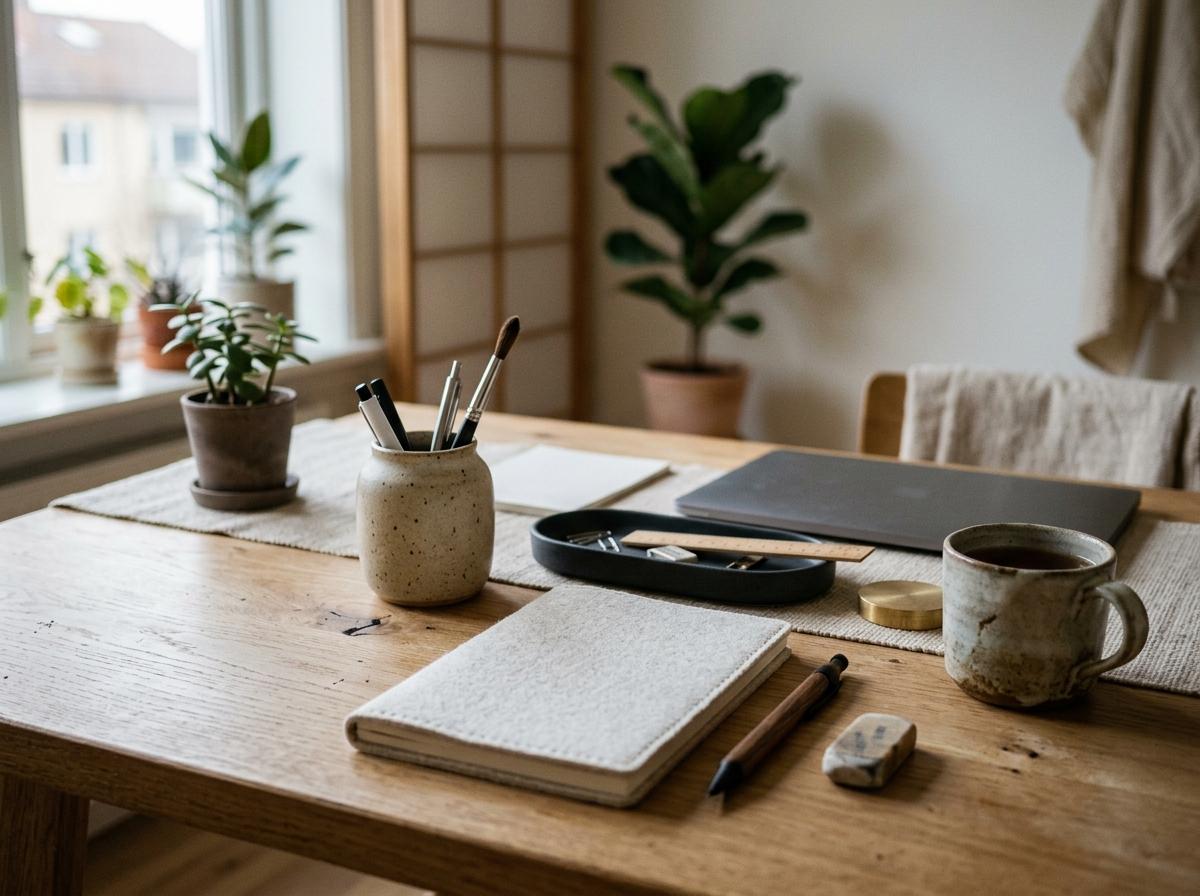 Neutral Tones And Textures In Japandi Office Accessories